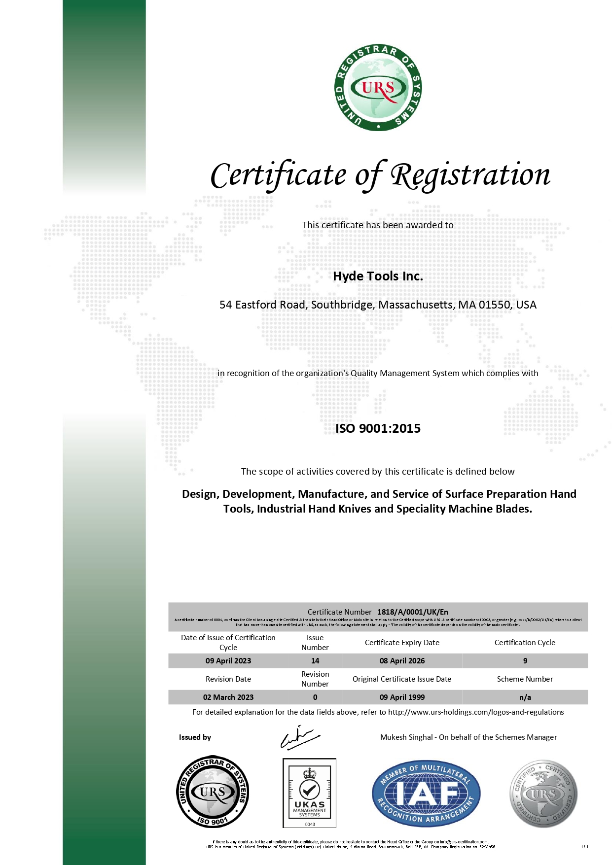 Hyde Tools Certificate of Registration ISO 9001-2015 