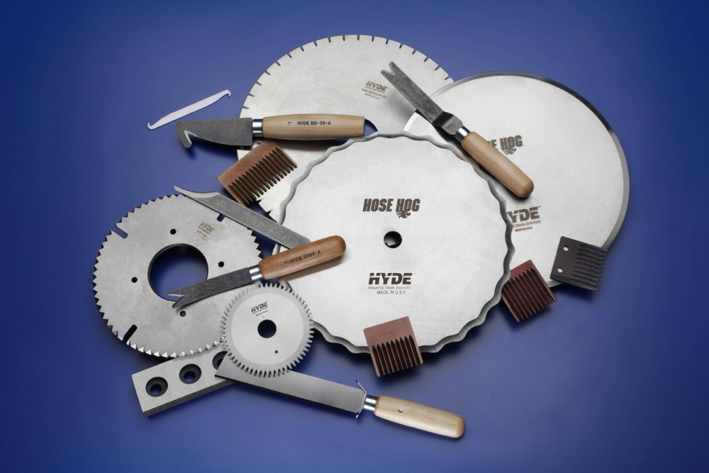 Various Hyde Industrial circular blades and hand tools.